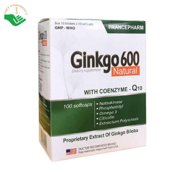 Viên uống Ginkgo 600 Natural With Coenzyme Q10 tăng cường lưu thông máu (10 vỉ x 10 viên)